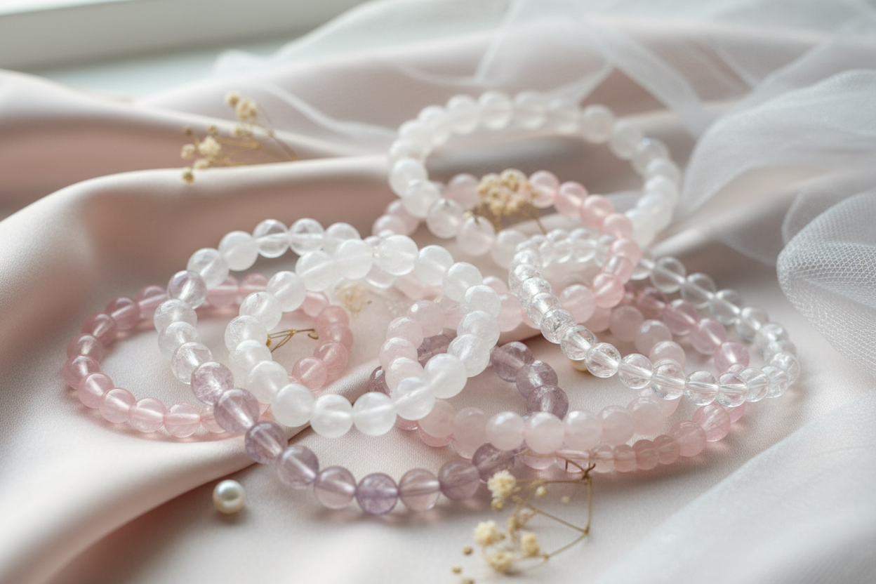 好几串水晶手链放在一起，白幽灵蔷薇石什么的要甜美的